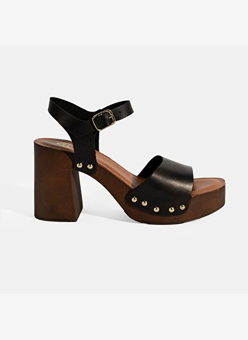 Kadın Siyah Ayarlanabilir Tokalı Deri Topuklu Sandalet - Görsel 2