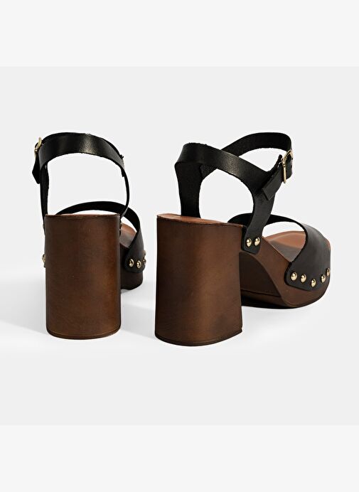 Kadın Siyah Ayarlanabilir Tokalı Deri Topuklu Sandalet - Görsel 9