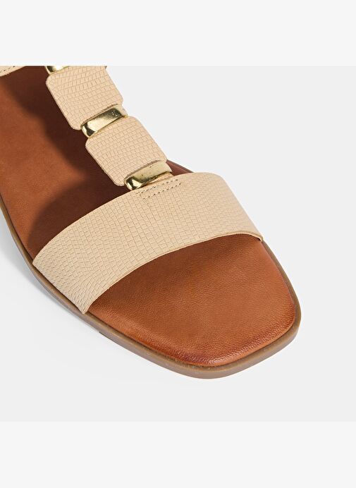Kadın Bej Ayarlanabilir Tokalı Deri Sandalet - Görsel 6