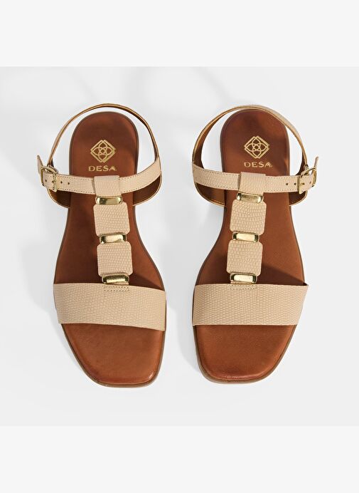 Kadın Bej Ayarlanabilir Tokalı Deri Sandalet - Görsel 7