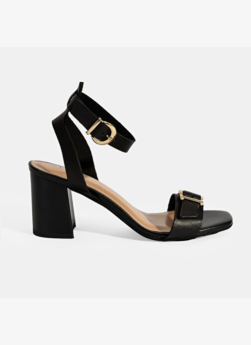 Kadın Siyah Ayarlanabilir Tokalı Deri Topuklu Sandalet - Görsel 2