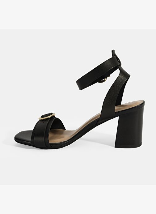 Kadın Siyah Ayarlanabilir Tokalı Deri Topuklu Sandalet - Görsel 4