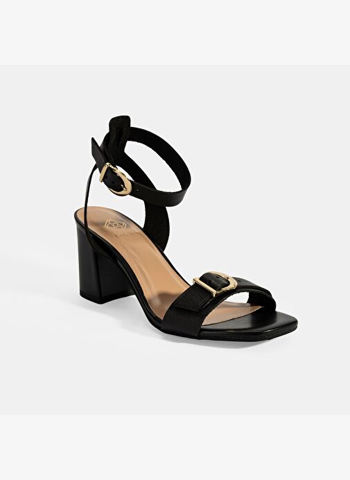 Kadın Siyah Ayarlanabilir Tokalı Deri Topuklu Sandalet - Görsel 5