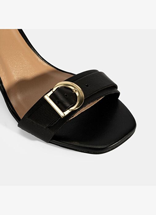 Kadın Siyah Ayarlanabilir Tokalı Deri Topuklu Sandalet - Görsel 6