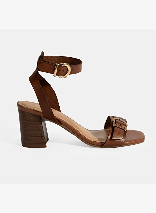 Kadın Taba Ayarlanabilir Tokalı Deri Topuklu Sandalet - Görsel 2