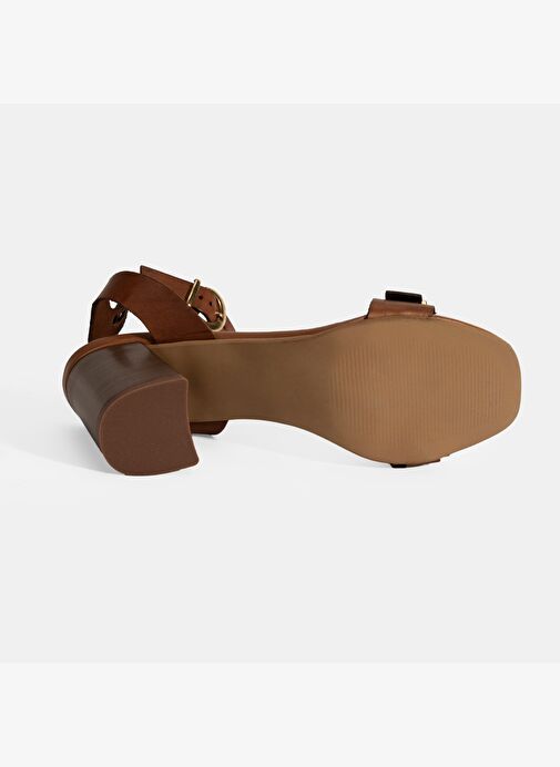 Kadın Taba Ayarlanabilir Tokalı Deri Topuklu Sandalet - Görsel 5