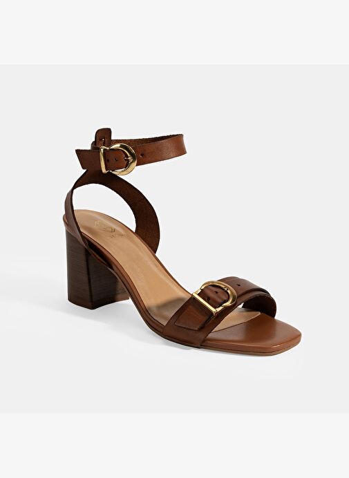 Kadın Taba Ayarlanabilir Tokalı Deri Topuklu Sandalet - Görsel 6