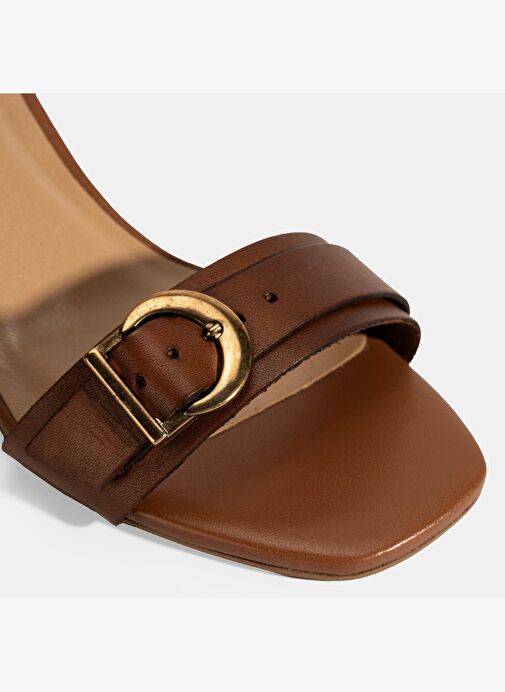 Kadın Taba Ayarlanabilir Tokalı Deri Topuklu Sandalet - Görsel 7