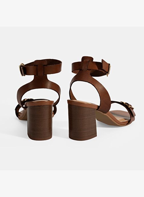 Kadın Taba Ayarlanabilir Tokalı Deri Topuklu Sandalet - Görsel 8