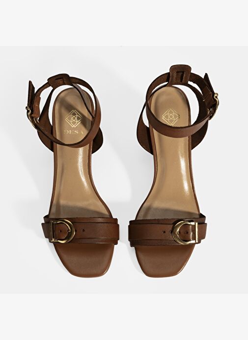 Kadın Taba Ayarlanabilir Tokalı Deri Topuklu Sandalet - Görsel 9