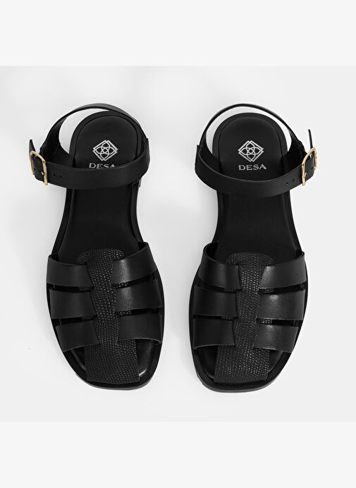 Kadın Siyah Ayarlanabilir Tokalı Deri Sandalet - Görsel 7