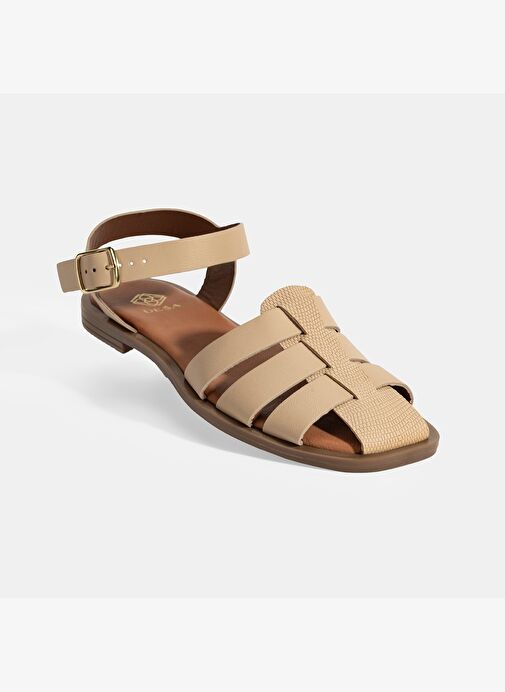 Kadın Bej Ayarlanabilir Tokalı Deri Sandalet - Görsel 6
