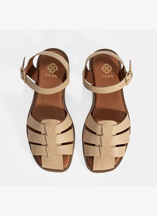 Kadın Bej Ayarlanabilir Tokalı Deri Sandalet - Görsel 7