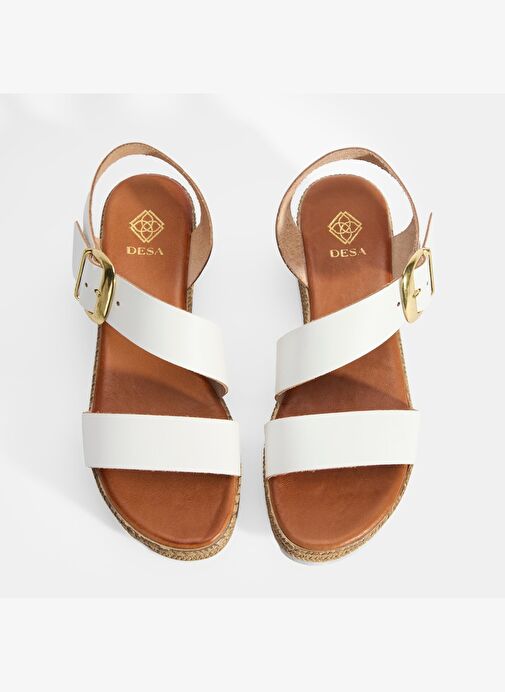 Kadın Beyaz Ayarlanabilir Tokalı Dolgu Topuklu Deri Sandalet - Görsel 6