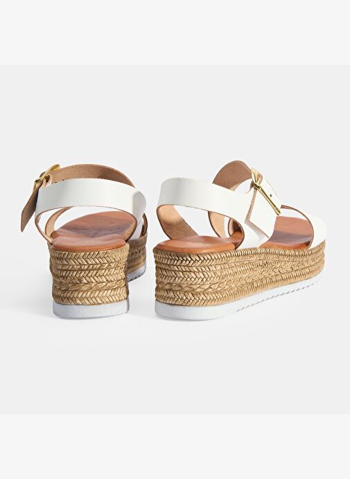 Kadın Beyaz Ayarlanabilir Tokalı Dolgu Topuklu Deri Sandalet - Görsel 7