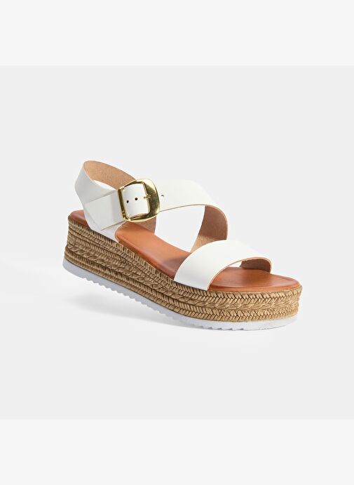 Kadın Beyaz Ayarlanabilir Tokalı Dolgu Topuklu Deri Sandalet - Görsel 9
