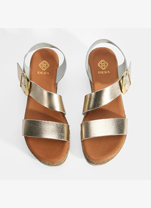 Kadın Gold Ayarlanabilir Tokalı Dolgu Topuklu Deri Sandalet - Görsel 6
