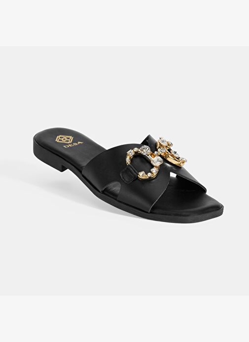 Kadın Siyah Taşlı Toka Aksesuarlı Deri Terlik - Görsel 6