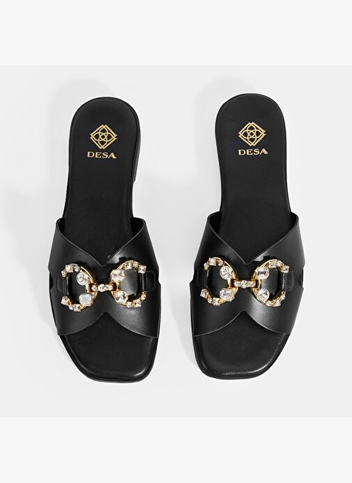 Kadın Siyah Taşlı Toka Aksesuarlı Deri Terlik - Görsel 8