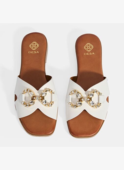 Kadın Beyaz Taşlı Toka Aksesuarlı Deri Terlik - Görsel 8