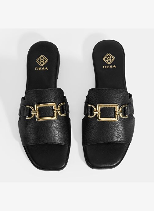 Kadın Siyah Metal Toka Aksesuarlı Deri Terlik - Görsel 8