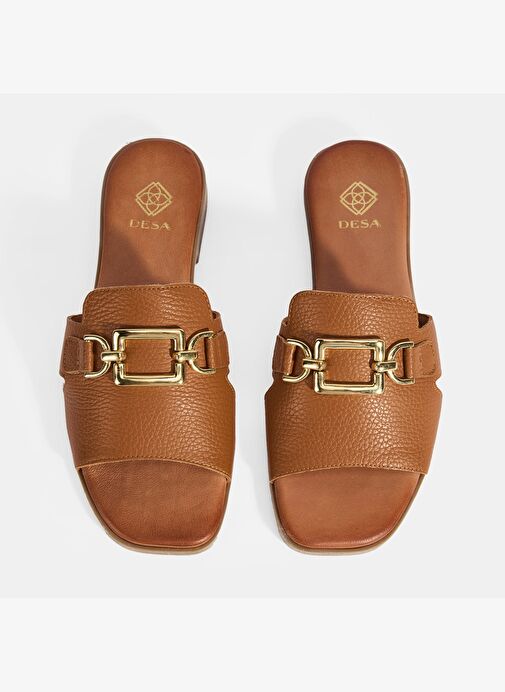 Kadın Taba Metal Toka Aksesuarlı Deri Terlik - Görsel 6