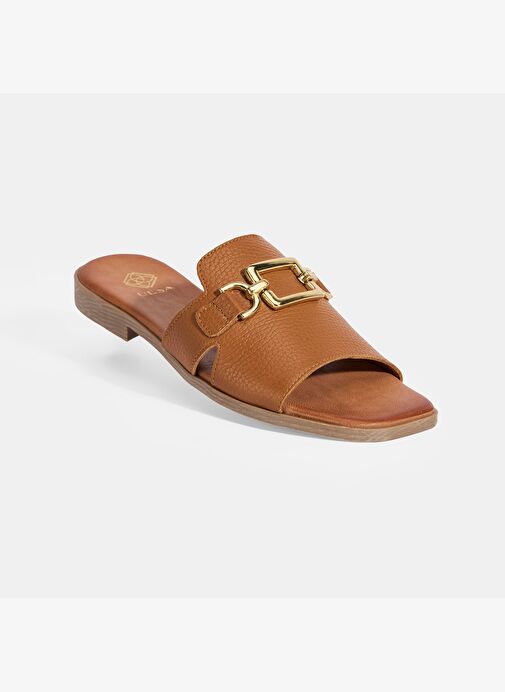 Kadın Taba Metal Toka Aksesuarlı Deri Terlik - Görsel 8