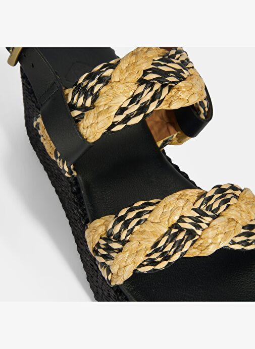 Kadın Siyah Ayarlanabilir Tokalı Hasır Detaylı Sandalet - Görsel 6