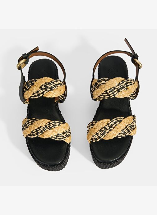 Kadın Siyah Ayarlanabilir Tokalı Hasır Detaylı Sandalet - Görsel 7