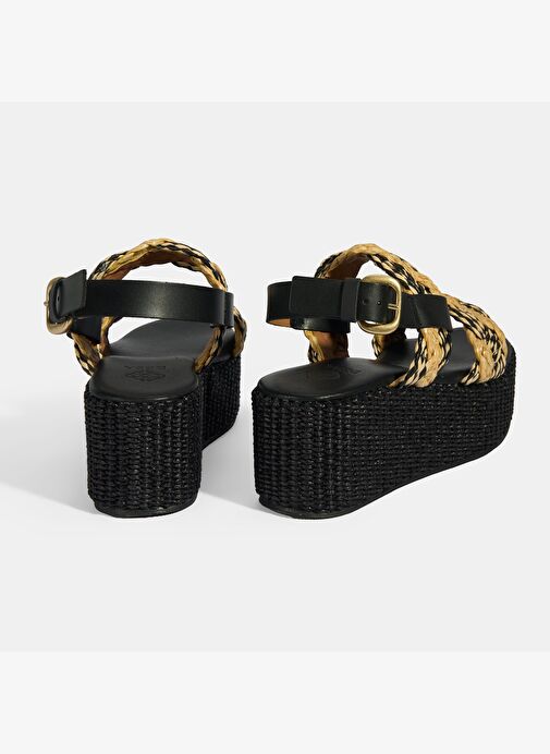 Kadın Siyah Ayarlanabilir Tokalı Hasır Detaylı Sandalet - Görsel 8