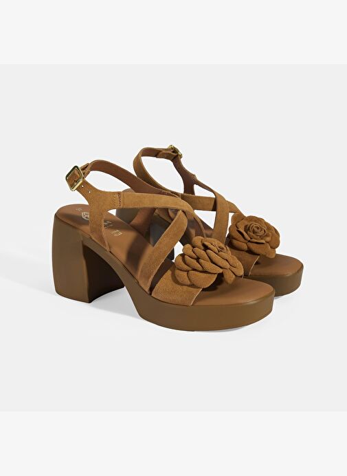 Kadın Taba Ayarlanabilir Tokalı Süet Topuklu Sandalet - Görsel 3