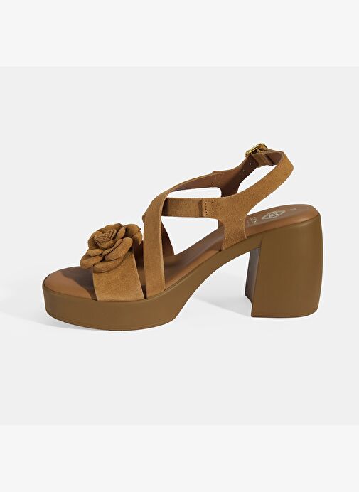 Kadın Taba Ayarlanabilir Tokalı Süet Topuklu Sandalet - Görsel 4