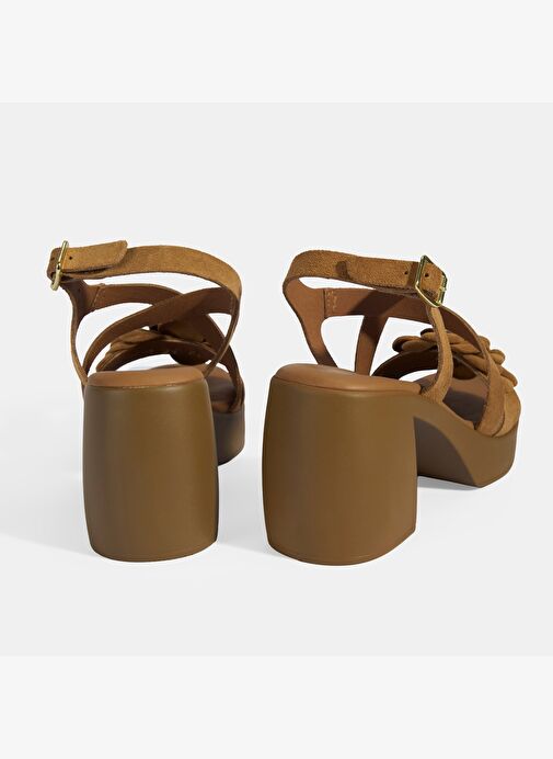 Kadın Taba Ayarlanabilir Tokalı Süet Topuklu Sandalet - Görsel 7