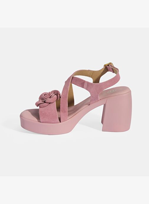 Kadın Pembe Ayarlanabilir Tokalı Süet Topuklu Sandalet - Görsel 4