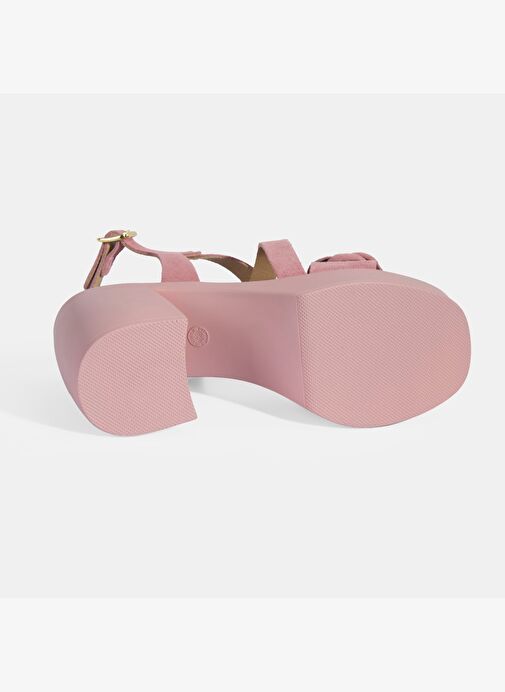 Kadın Pembe Ayarlanabilir Tokalı Süet Topuklu Sandalet - Görsel 5