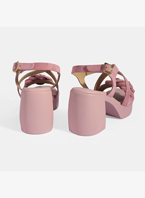 Kadın Pembe Ayarlanabilir Tokalı Süet Topuklu Sandalet - Görsel 7