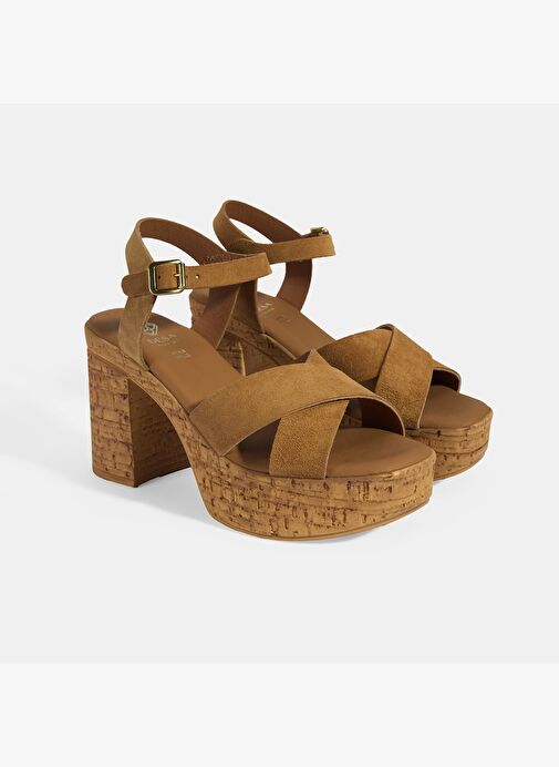 Kadın Taba Ayarlanabilir Tokalı Topuklu Süet Sandalet - Görsel 3