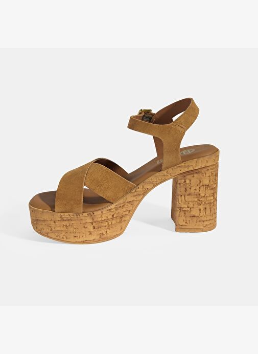 Kadın Taba Ayarlanabilir Tokalı Topuklu Süet Sandalet - Görsel 4