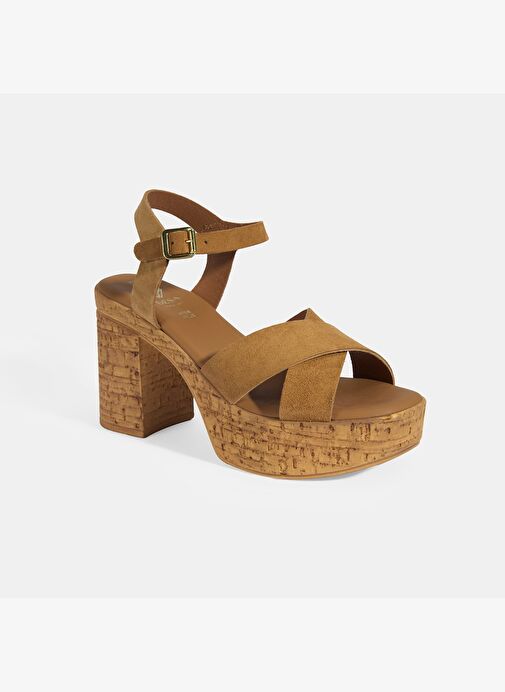 Kadın Taba Ayarlanabilir Tokalı Topuklu Süet Sandalet - Görsel 6