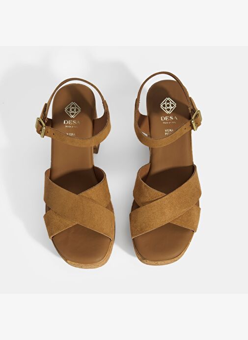 Kadın Taba Ayarlanabilir Tokalı Topuklu Süet Sandalet - Görsel 7