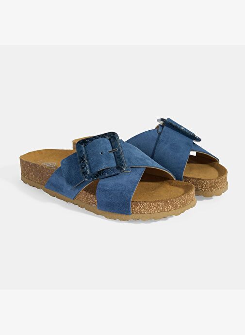 Kadın Mavi Ayarlanabilir Toka Detaylı Süet Terlik - Görsel 3