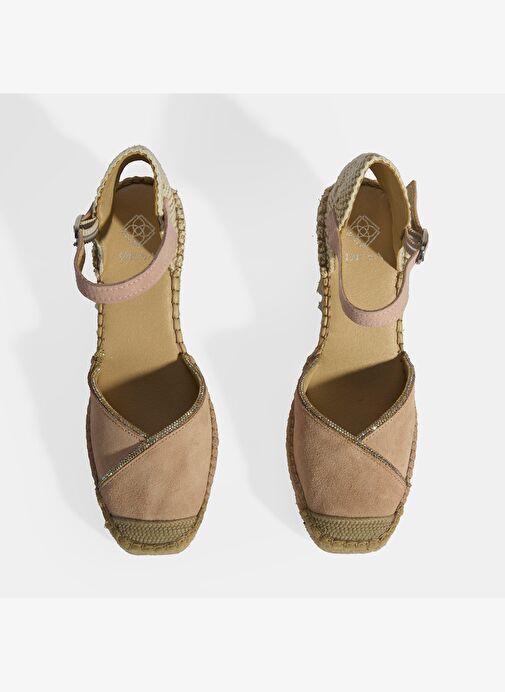 Pudra Kadın Toka Aksesuarlı Taş Detaylı Dolgu Topuklu Süet Espadril - Görsel 8