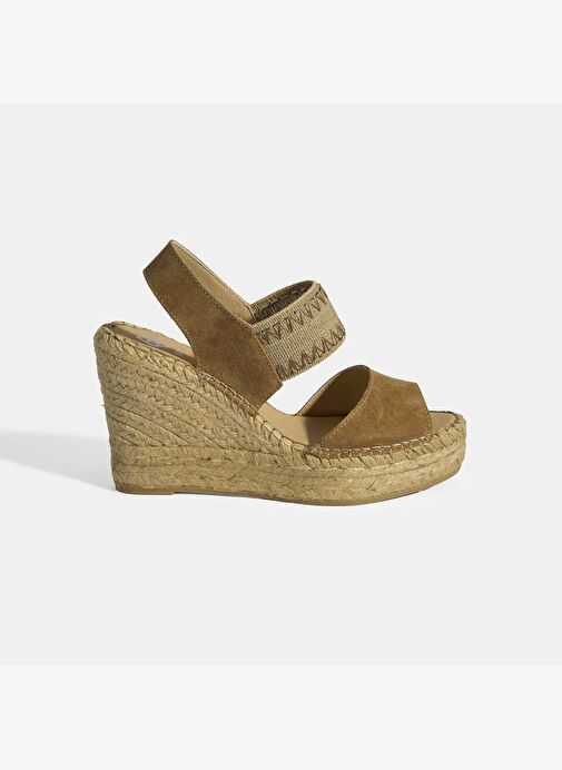 Bej Kadın Lastik Bantlı Slingback Dolgu Topuklu Süet Espadril - Görsel 2