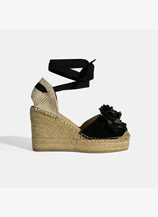 Limited Edition Siyah Kadın Çiçek Aksesuarlı Jüt Bağcıklı Dolgu Topuklu Süet Espadril - Görsel 2