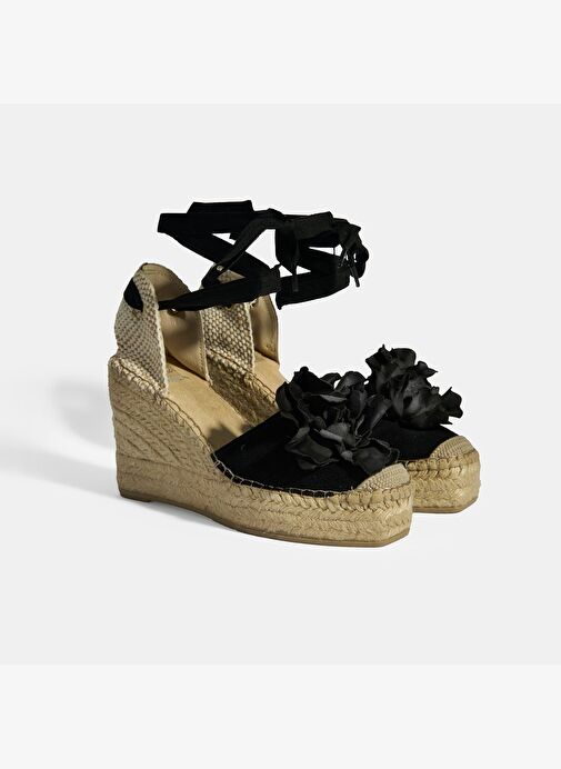 Limited Edition Siyah Kadın Çiçek Aksesuarlı Jüt Bağcıklı Dolgu Topuklu Süet Espadril - Görsel 3