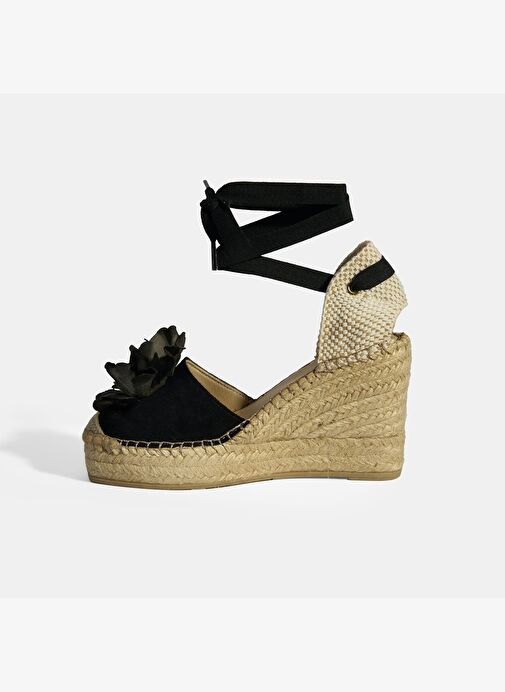 Limited Edition Siyah Kadın Çiçek Aksesuarlı Jüt Bağcıklı Dolgu Topuklu Süet Espadril - Görsel 6