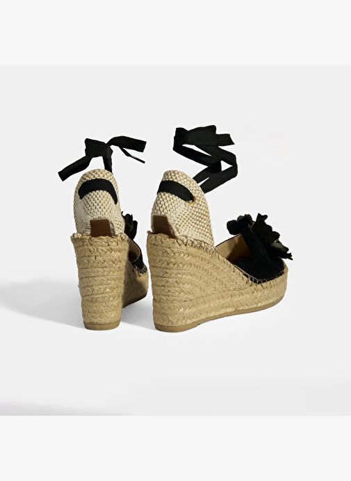 Limited Edition Siyah Kadın Çiçek Aksesuarlı Jüt Bağcıklı Dolgu Topuklu Süet Espadril - Görsel 7