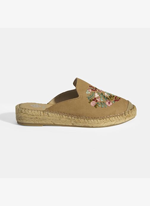 Limited Edition Bej Kadın Çiçek Nakışlı Süet Espadril Terlik - Görsel 2