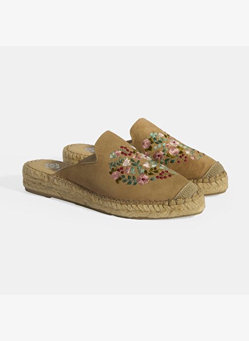 Limited Edition Bej Kadın Çiçek Nakışlı Süet Espadril Terlik - Görsel 3