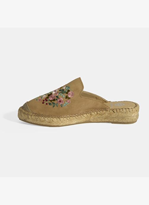 Limited Edition Bej Kadın Çiçek Nakışlı Süet Espadril Terlik - Görsel 4